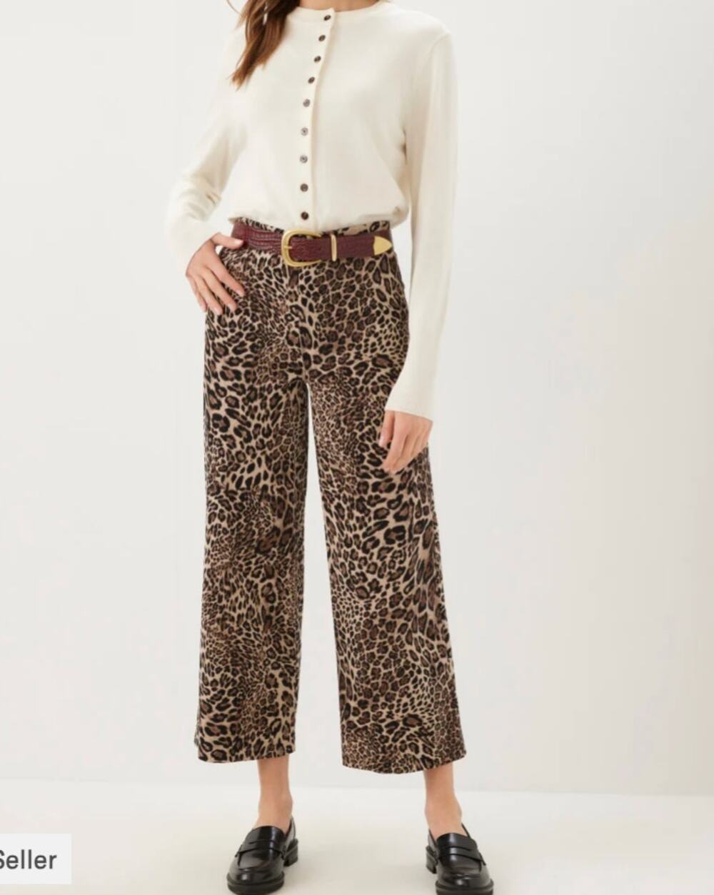 Karen Kane High Rise Cropped Wide Leg Corduroy Leopard Print Pants Brown Large